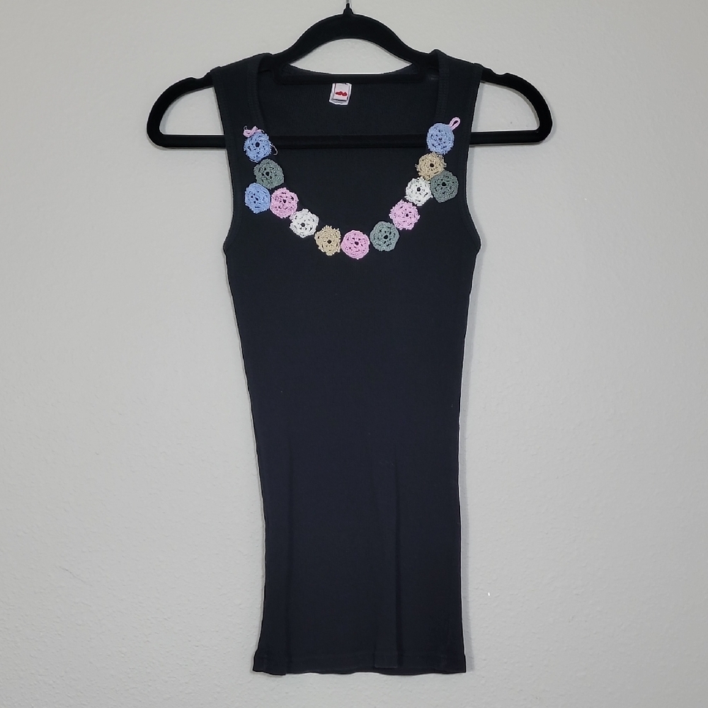 Y2K Vintage Womens Ribbed Tank Top Size M Black Crochet Floral Cotton Vintage - Picture 2 of 10